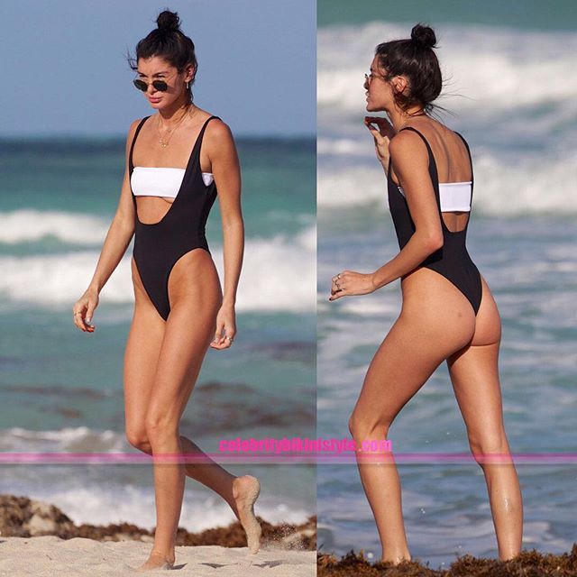 Bella Banos in a topless black one piece thong swimsuit with a white bandeau top. #bellabanos #blackonepiece #swimsuitstyle #thongswimsuit #onepiece #onepiecebathingsuit #bikiniaddict #sunglasses #👙 ift.tt/2J36RVl