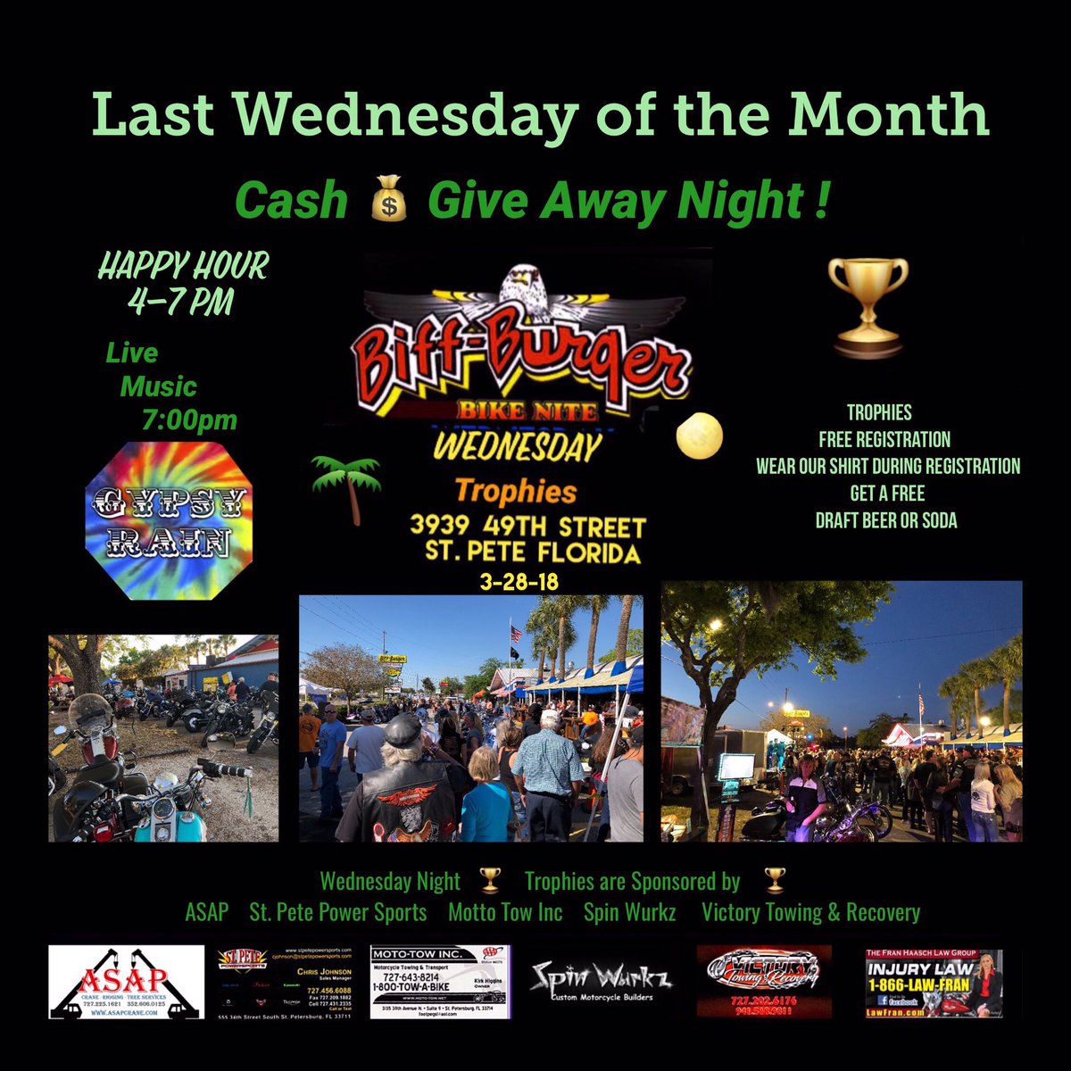 BiffBurger_FL's tweet photo. Last Wednesday of the Month 
Cash 💰 Give Away 🏍 Bike Night !  #bikerfriendlyplaces #stpete #tampa https://t.co/CrlsXplu7R