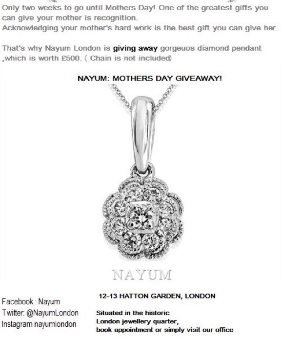 NayumLondon's tweet photo. #GiveawayAlert Nayum London is giving away gorgeous diamond pendant , worth £500. What we expect 
1. Facebook page, see there
2. Twitter Follow and Retweet pinned post 
3 Comment with Photo with your mother Use the hashtag #nayumlondon https://t.co/xCYzEVsUq8