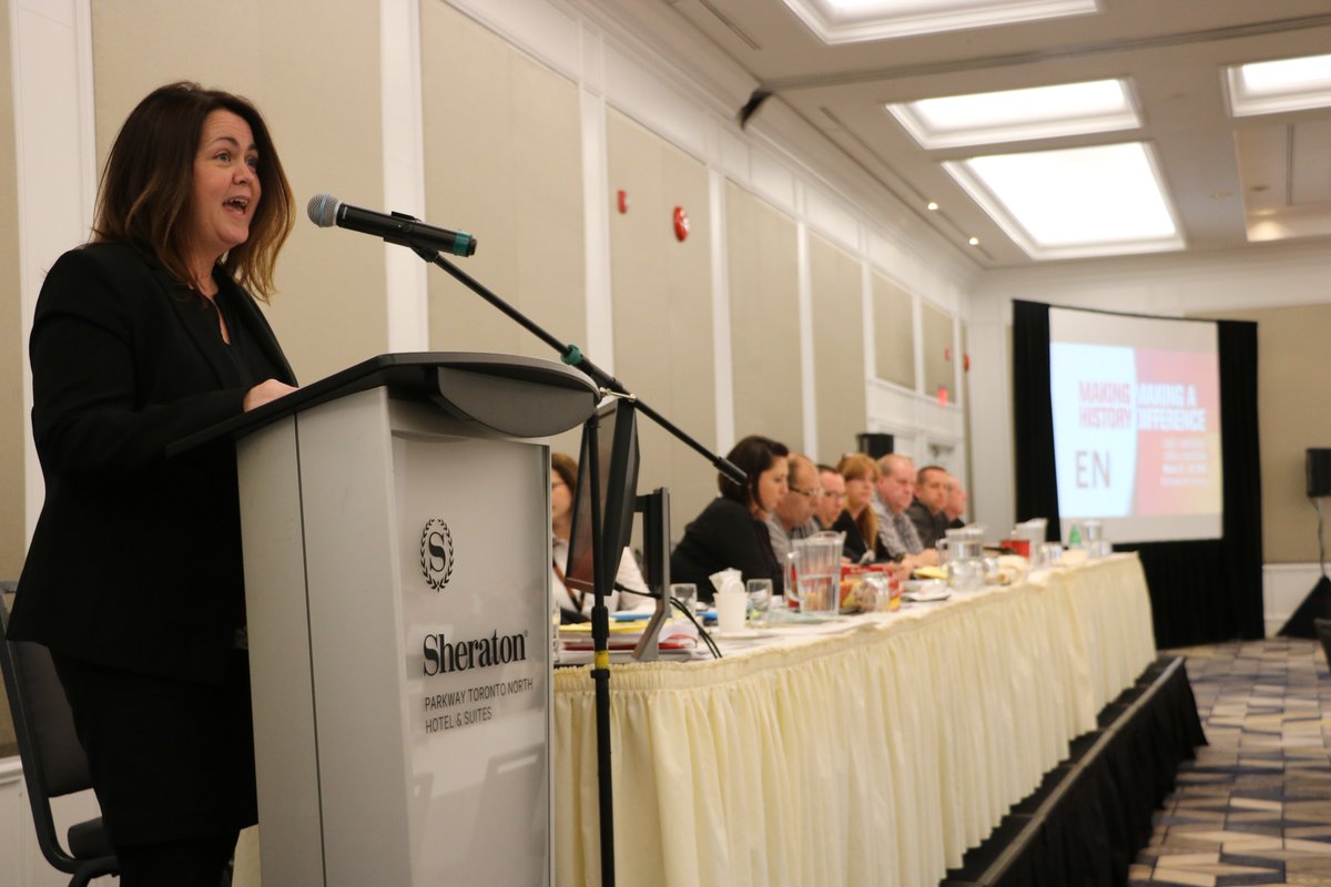CUPEOntario's tweet photo. @CUPEOntario Secretary-Treasurer @CandaceRennick congratulates education workers for all their hard work in forming the #OSBCU, swears in the new council, &amp; bids the #OSBCC a fond farewell. 👏 https://t.co/JALhs207jz