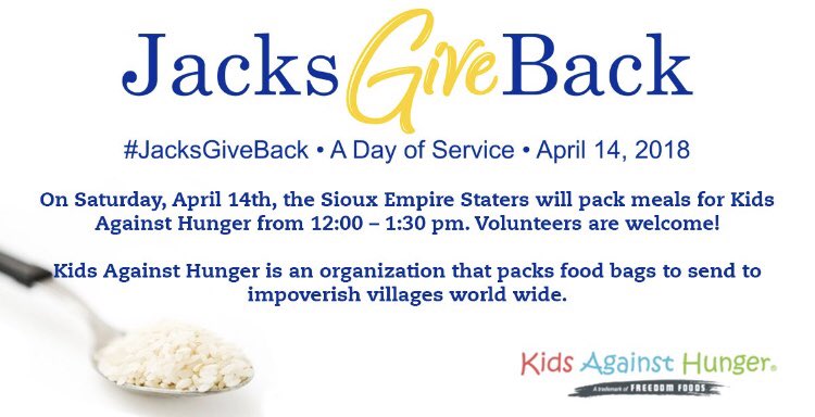 On Saturday April 14th, the <a href="/SEStaters/">Sioux Empire Staters</a> will be packing meals For # KidsAgainstHunger from 12:00-1:30. #JacksGiveBack 
All ages welcome! To learn more visit: 
statealum.com/jacksgiveback
