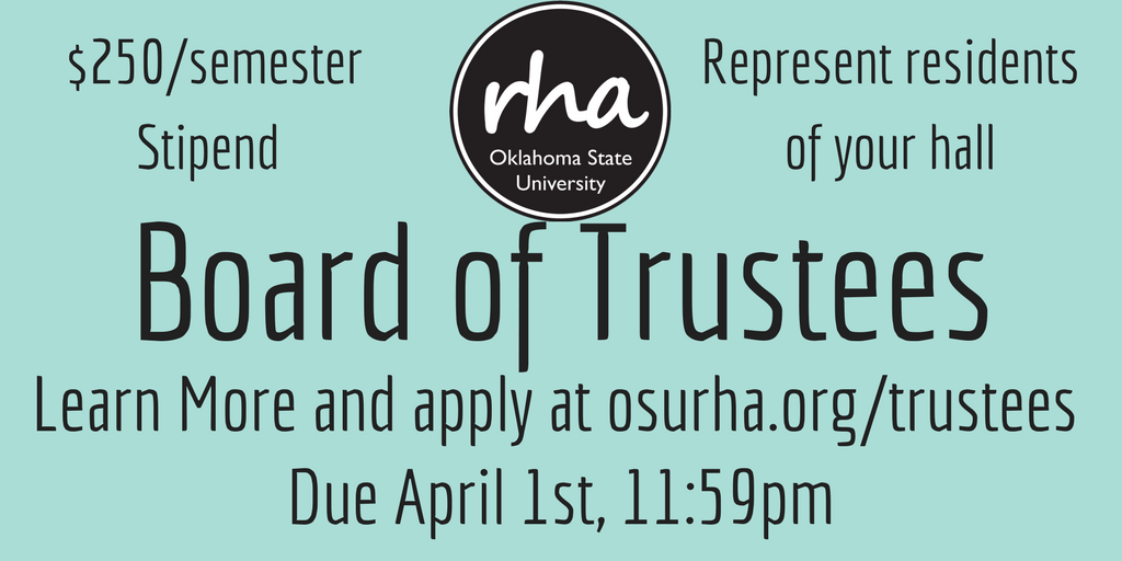 OkState_RHA's tweet photo. Living on campus again next year and looking to get involved? Apply for the RHA Board of Trustees, and you can also get a $250/semester stipend! Learn more at https://t.co/Je8gOCYiTP (Due April 1st) @okstatereslife https://t.co/2pCDytc0tf