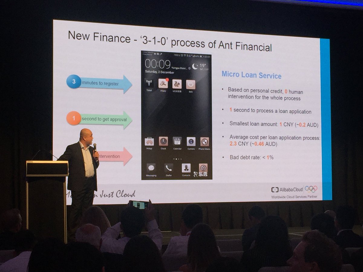 andrewheading22's tweet photo. Loan application: 3 minutes to apply, 1 second to approve and 0 human intervention with @antfinancial and @alipay supported by @alibaba_cloud #bigdata  #newfintech #newfinance https://t.co/SNVyT57U1F