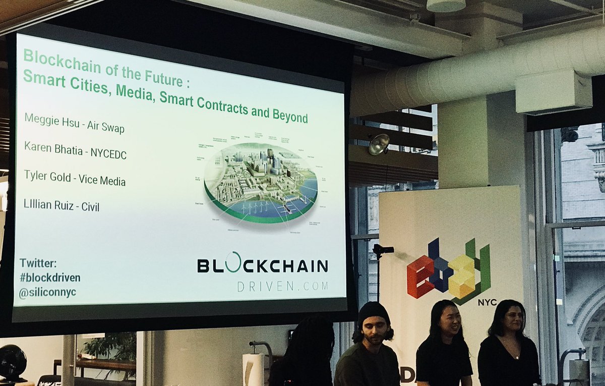 HudsonCloudSys's tweet photo. Interesting topics tonight #smartcities #smartcontracts #blockchain @AirSwap @NYCEDC @tylergold @Join_Civil and Thank you @eBay for hosting! #blockdriven @SiliconNYC https://t.co/5SNlAX23Ly