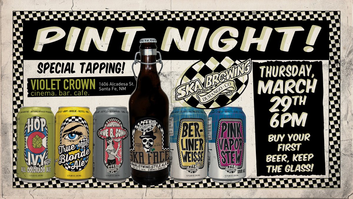 skabrewing's tweet photo. Hey #SantaFe! Join us Thu Mar 29 at @VCCSantaFe for #PintNight & #SpecialTappings of Hop Ivy All #Colorado Ale, True Blonde Ale, Rue B. Soho Grapefruit Lager, Ska Face Barleywine, #ModProject Berliner Weisse & Pink Vapor Stew! https://t.co/L7tTFvR4R5