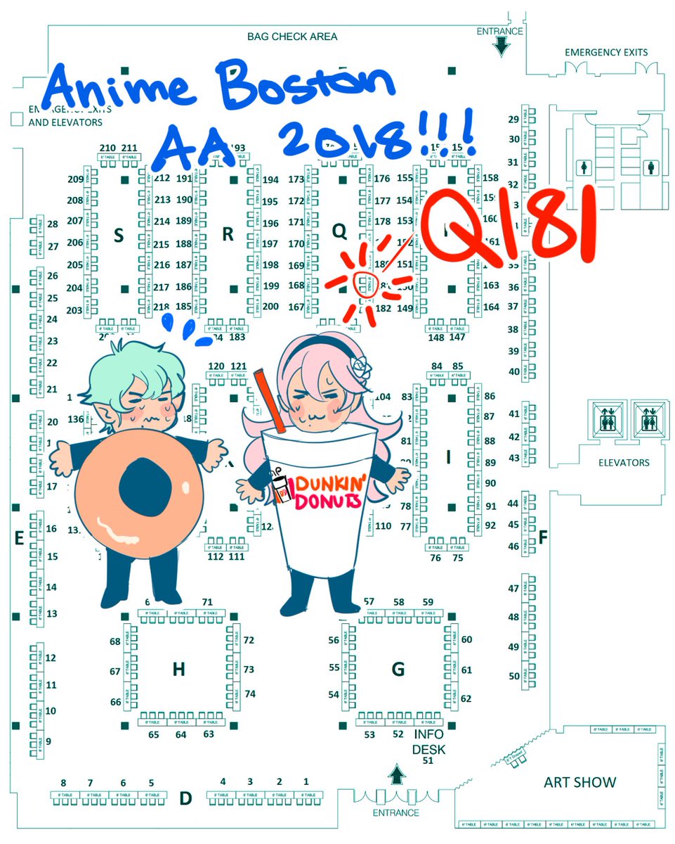 me and @rokudo/@SORDHAND will be at anime boston artist alley this weekend at table q181!! please come buy and a one and a two and skiddlydaddoo dodo 