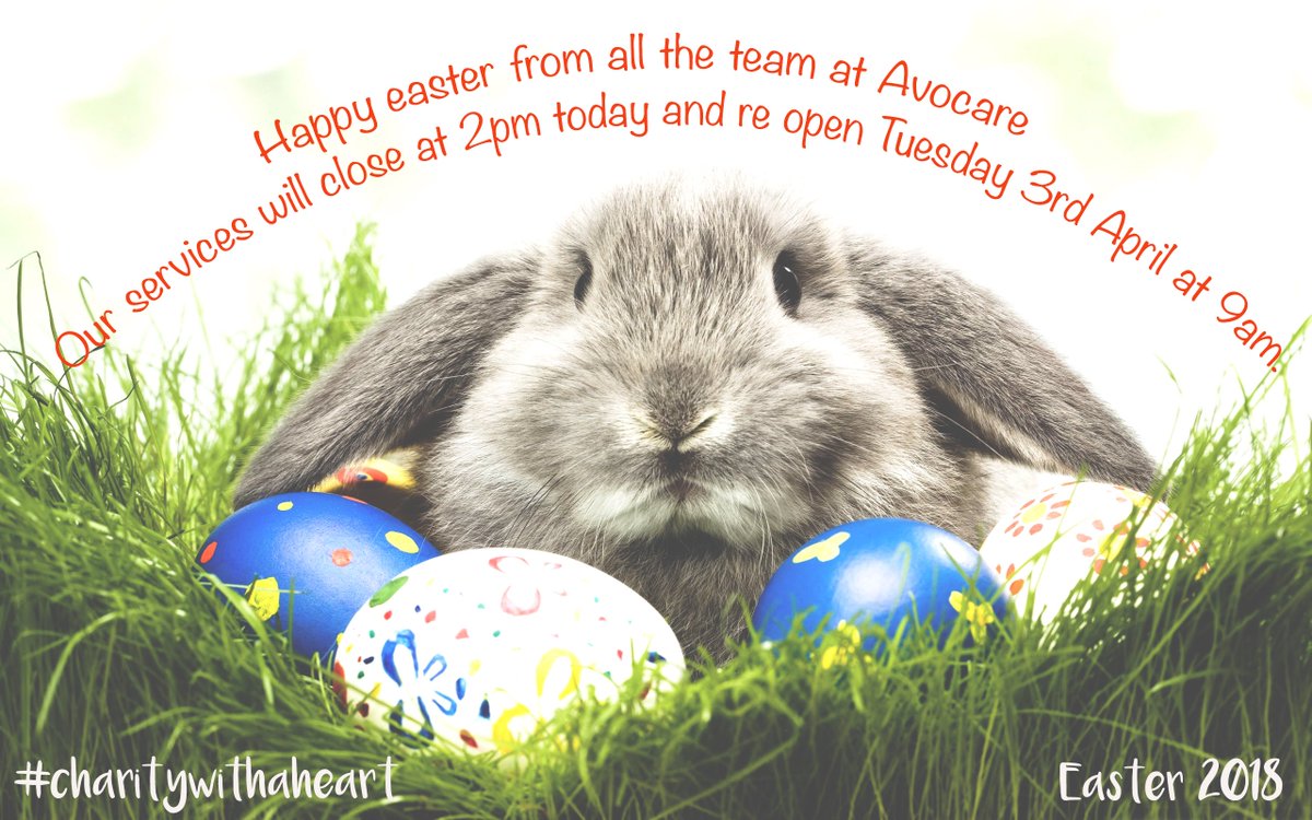 AvocareCC's tweet photo. Happy Easter from all the team at Avocare.
#charitywithaheart #easter18 #easterholidays #chocolate #staysafebekind #beathunger #recycleyourwrappers https://t.co/blM0XBNvyn