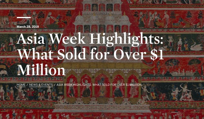 SothebysInst's tweet image. 8 days of exhibitions, 5 days of sales, and 10 auctions totaled $78.4 million at Sotheby’s, far exceeding the pre-sale estimate for #AsiaWeek in New York. ow.ly/sVOK30jcFIK Fourteen works surpassed one million dollars.