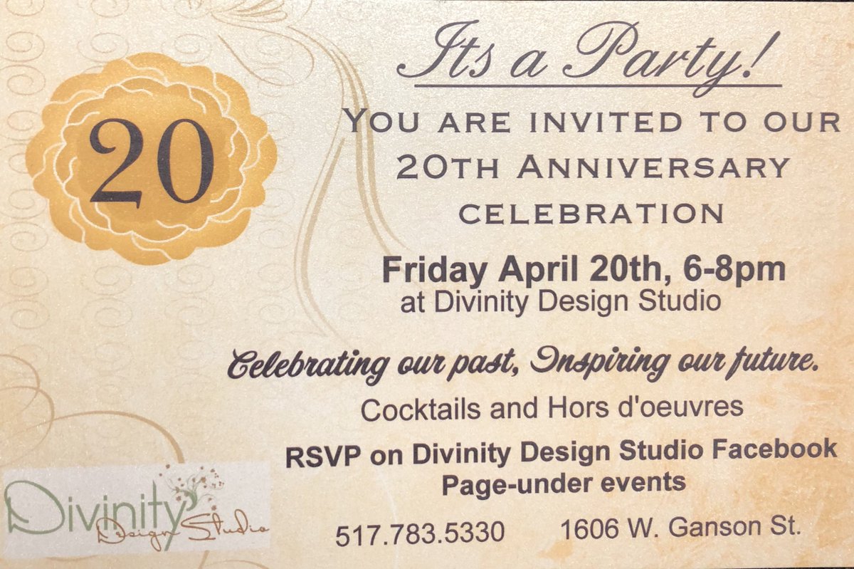 DivinityDS's tweet photo. Celebrating our Past, Inspiring our Future- 20 Year celebration. Save the date
#20yearsinbusiness #divinitydesignstudio #mydivinitydesign #2decadesofbiz #gratefultoallourclients #celebratingourpast #inspiringourfuture #workfamily https://t.co/01pwxkHV3d