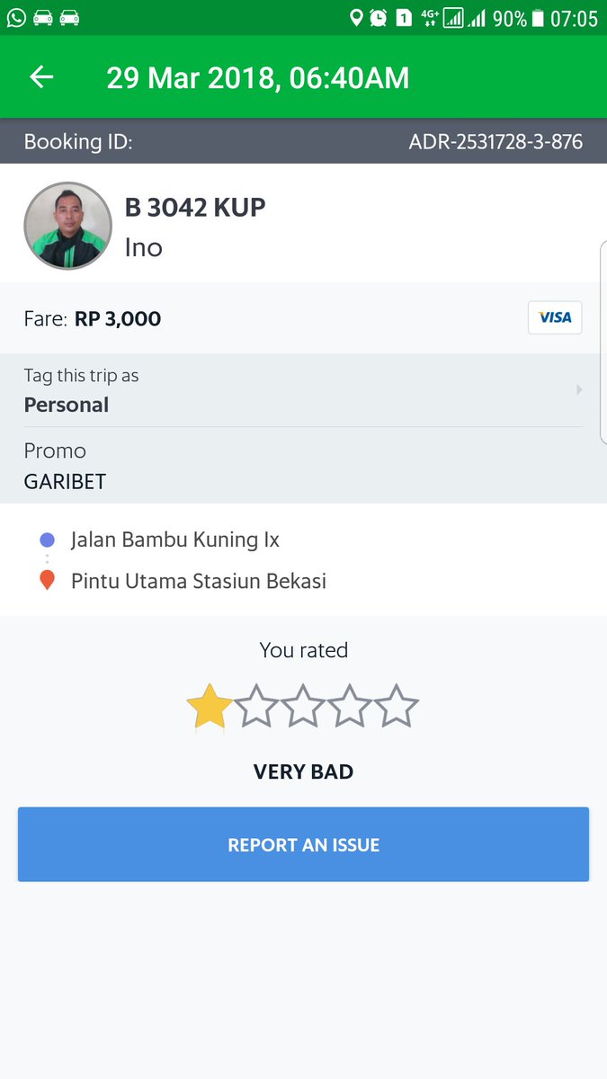 cutanggun's tweet photo. Hari ini pesen @GrabID dr jalan bambu kuning ke stasiun bekasi dengan nomer booking ARD-2531728-3-876 pukul 06.40 am, nama driver INO no polisi B 3042 KUP, tb2 si INO chat kalo dia udah pulang, jd saya suruh dia cancel, eh bukannya di cancel malah di selesaikan trip #1 https://t.co/nJNNZtPaLs