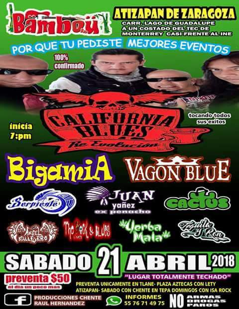 vagonblue's tweet photo. SABADO 21 ABRIL

EN ATIZAPAN DE ZARAGOZA

NO SE LO PUEDEN PERDER 

CON LA PRESENCIA DE 
#CALIFORNIA_BLUES 
#CAPTUS 
#VAGON_BLUE
Entre más 

NO SE LO PIERDAN !!! https://t.co/U3uO2mudWt