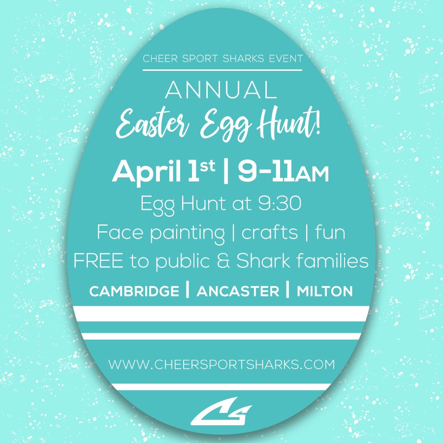CSSharks's tweet image. 🐰#EASTER EGG HUNT🥚 
Join us this Sunday at our Cambridge, Ancaster &amp;amp; Milton locations for some Easter fun! FREE for EVERYBUNNY! Bring your family &amp;amp; friends for all the fun!

#egghunt #greatforkids #havefun #community #Cambridge #Ancaster #Milton #cheersportsharks #thisISsharks