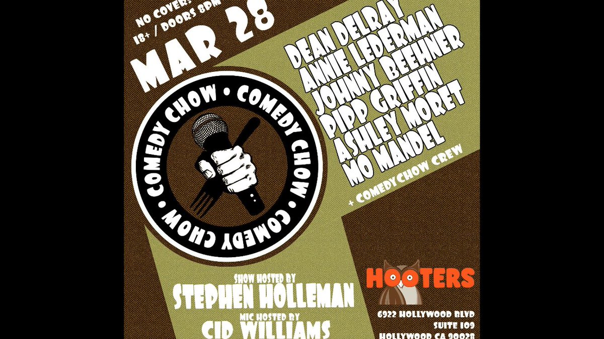 jasonyanakis's tweet photo. Tonight @Hooters #Hollywood!!

3x stack of @TheComedyStore killers @annielederman @momandel @deandelray, stylings of @johnnycomic @GriffPippin @ashleymoret, &amp; hottest #Wednesday #OpenMic—it’s gonna be lit!

#ComedyChow; the #1 #Underground [Above-Ground] #Standup #Comedy #show ;) https://t.co/eemDSRHWk6