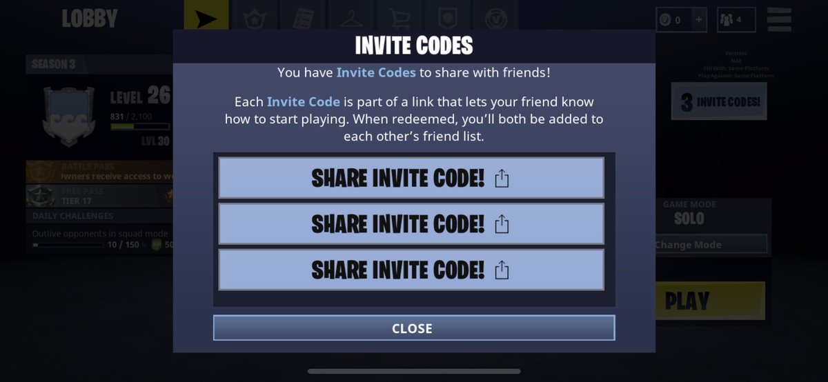 dylosama2's tweet photo. Got 3 invite codes for the you're invited to join the fortnite invite event fot ios. Im willing to trade the codes for something u can offer. Anything is open would love v bucks best though. FOLLOW AND DM ME. https://t.co/CEI6hcdCbp
