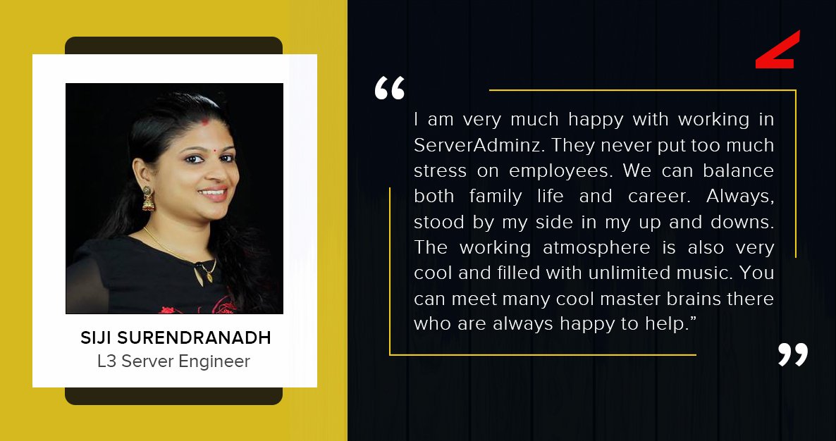 serveradm1nz's tweet image. Employees like you are the bricks that create our company strong. Let&apos;s have a look at what siji has to share about @serveradm1nz 

#L3ServerEngineer #ServerManagementCompany #WebHostingSupport