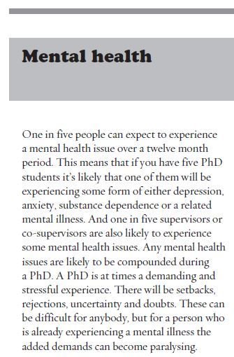 ithinkwellHugh's tweet photo. #PhDSupervisors: One in five people can expect to experience a mental health issue over a twelve month period. That's one student in five. And one supervisor in five.
From Supervising PhD Students a practical guide and toolkit. https://t.co/wOsz9H4z4I  
#PhDchat #ECRchat #postdoc https://t.co/GjGkLPuzBh