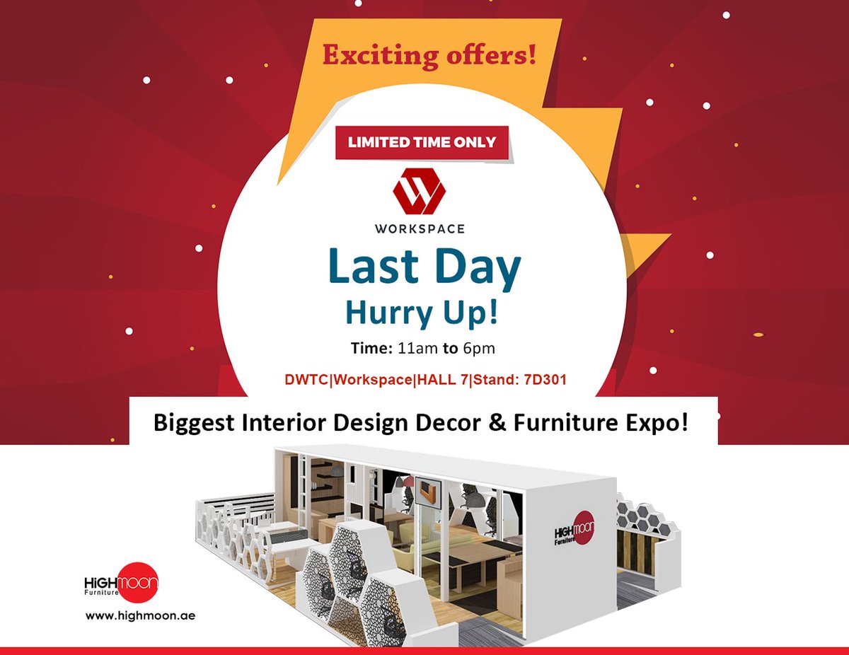 Final opportunity to grab our special #highmoonfurniture #offers on the last day of #Workspace. goo.gl/sNMnQP #INDEXDubai #Indexexhibition #Dubaimall #Mydubai #Highmoonfurniture #furniture #officefurniture #fitout #design #decoration #creative #Dubai #Uae