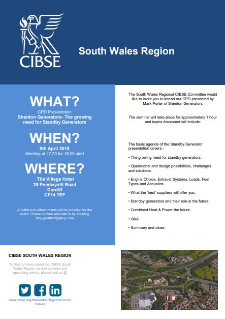 Join us on 9th April at the Village hotel for our next CPD event on Standby Generators, presented by Mark Porter of Shenton Generators. The event will be followed by the regions AGM which everyone is welcome to attend.