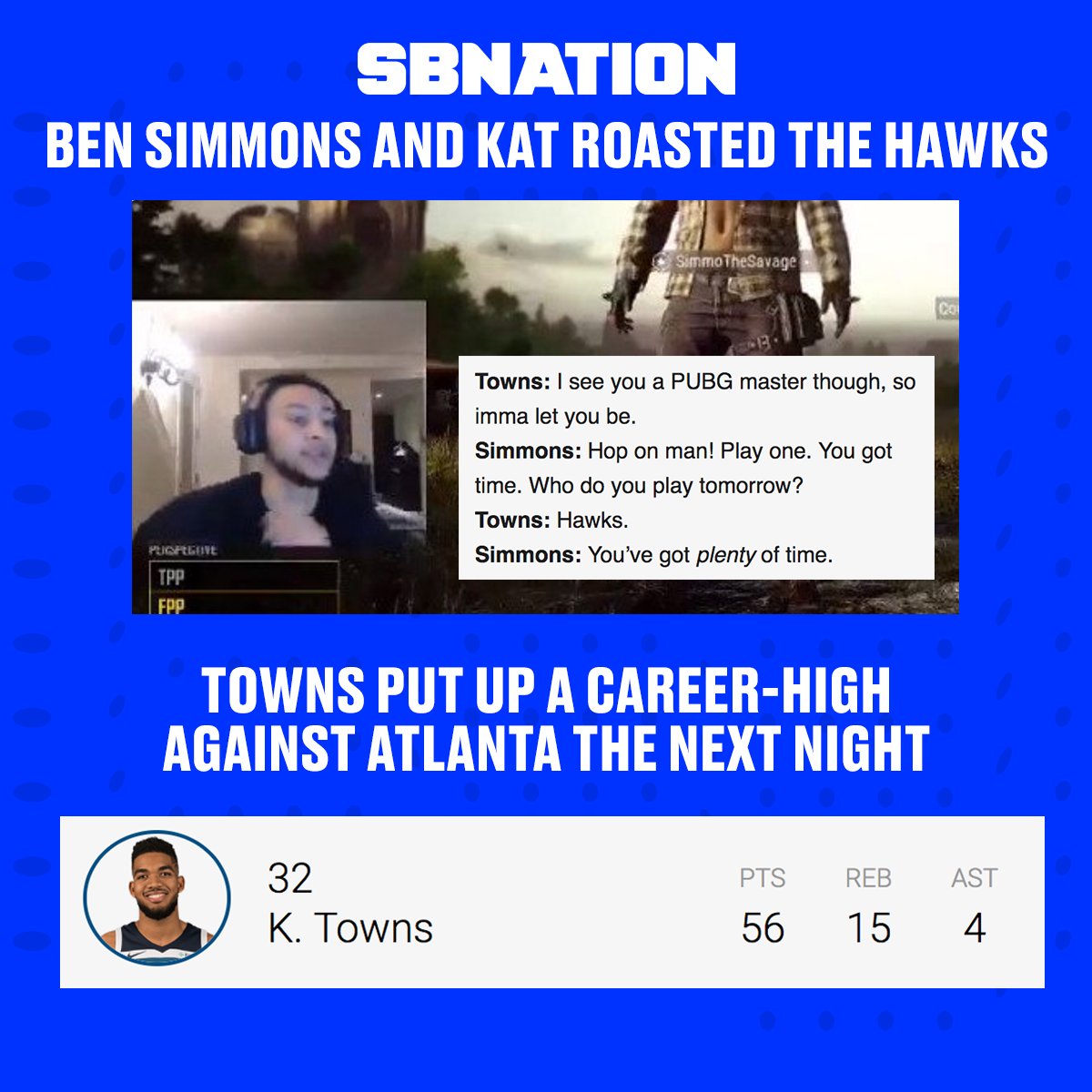 SBNation's tweet photo. Looks like KAT didn't have to worry 😂 https://t.co/coiIweazdb