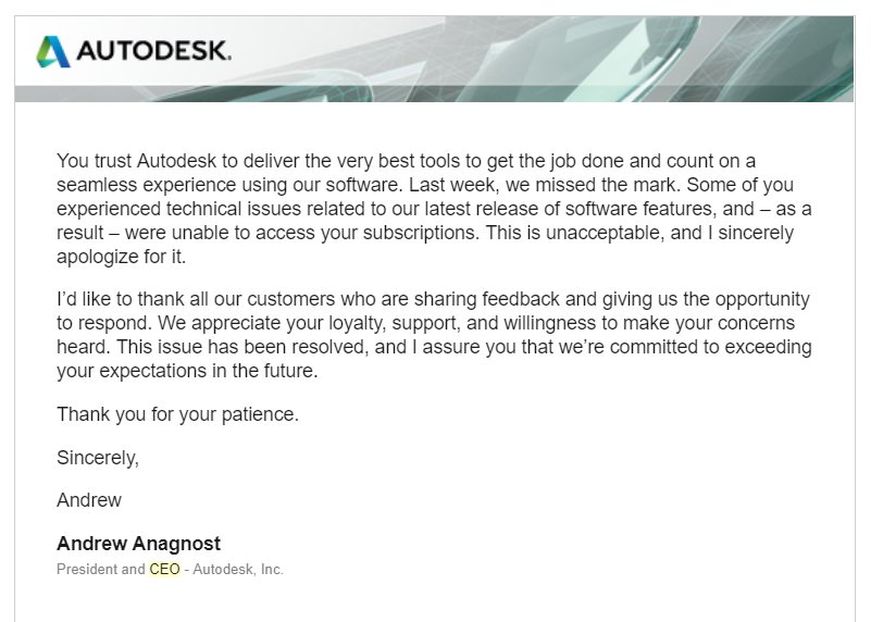 Andrew Anagnost is not only a technically savvy person but now is also a honest &amp; excellent administrator Kudos to <a href="/andrew_anagnost/">Andrew Anagnost 🇺🇦</a> I'm sure this moment will build trust among millions of <a href="/autodesk/">Autodesk</a> users around the world.