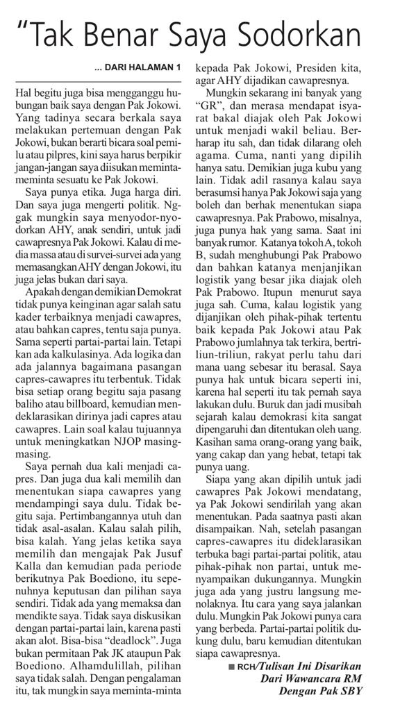 SeputarAHY's tweet photo. SBY: "Tak Benar Saya Sodorkan AHY Sebagai Cawapres, Kemudian Ditolak Jokowi"
Rakyat Merdeka | Halaman 1 | Kamis, 29 Maret 2018 https://t.co/8vLSc3WHB1