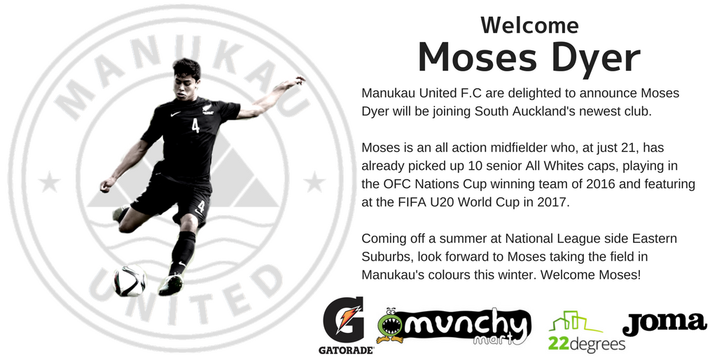 ManukauUtdFC's tweet photo. SIGNING | Manukau United F.C are delighted to announce the signing of All Whites midfielder Moses Dyer (@mosesjdyer) for the 2018 @LottoNRFL Premier Division #WelcomeMoses #ManukauAnnouncement https://t.co/jZxDFUJ1iW