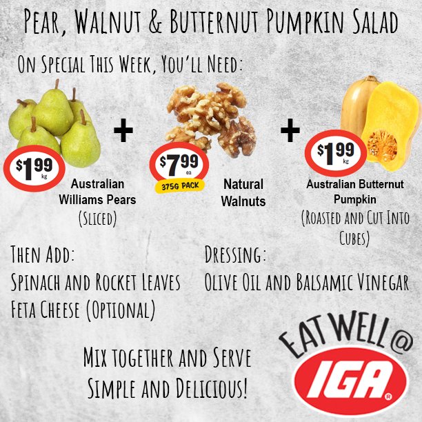 Pears are more than just a great snack, they can also be used in salads! Check out this quick and delicious salad using this week's specials at <a href="/EatWellatIGA/">Eat Well @ IGA</a> stores in Bendigo and Geelong 🍐🥗🛒