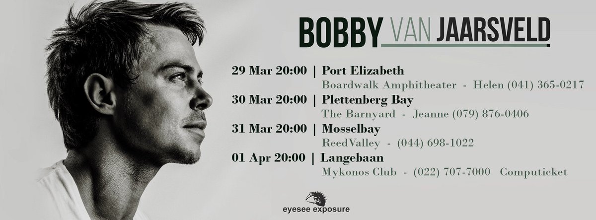 🎤29/03 | PE (041)3650217
🎤30/03 | PLETT 0798760406
🎤31/03 | MOSSELBAY (044)6981022
🎤01/04 | LANGEBAAN Computicket