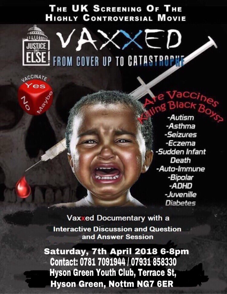 ☝🏿 #HEALTH #SaveOurBoys | A COMMUNITY #ALERT ; 
SAT 7TH APRIL ; 
VACCINATIONS -THE SHOCKING TRUTH ; VAXXED ...  Birmingham..Wolverhampton...now NOTTINGHAM! ; 
•Expert Advice  
•Questions & Answers 
•Time: 6-8pm
