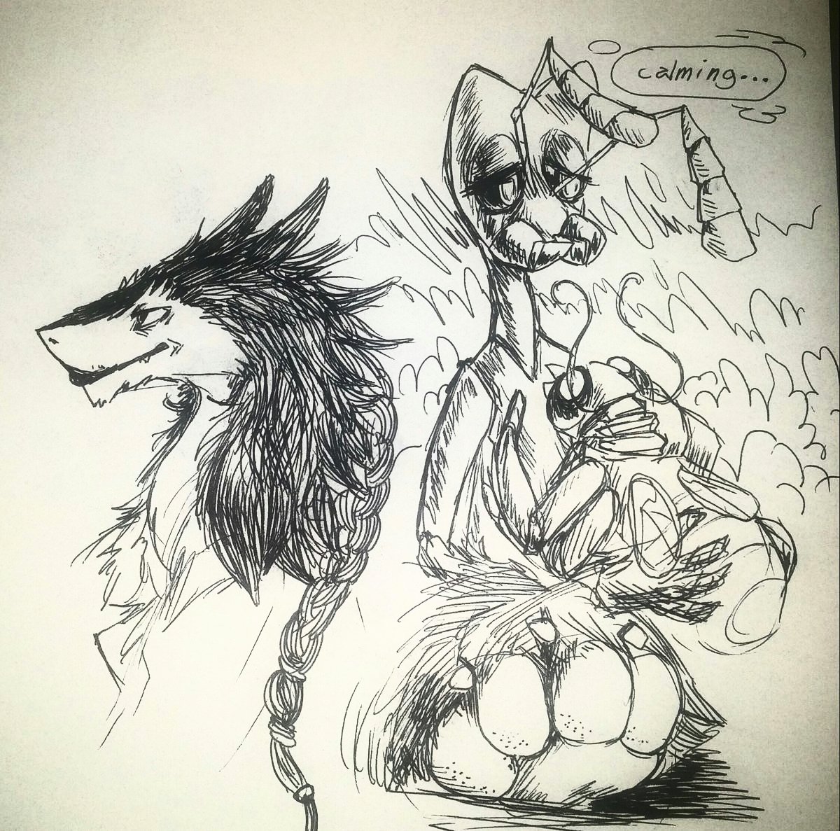 Random sketch page of sergal, big paw, and fanart of Hector from @EZP_em 's comic, archa-ants 