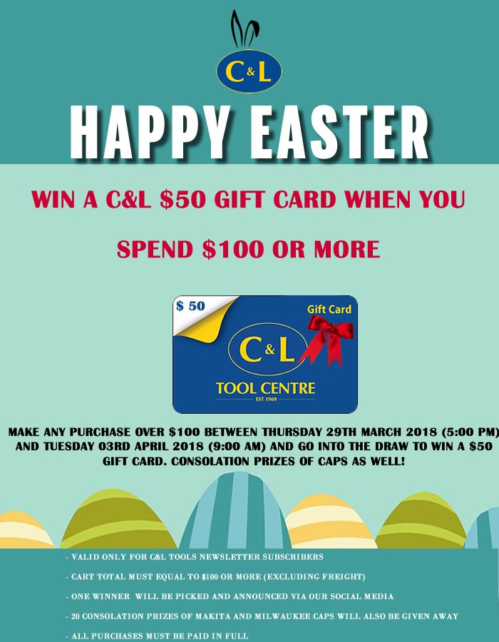 CLToolCentre's tweet photo. Stand a chance to win with C &amp; L Tools this Easter!
Make sure your subscribe to our newsletter here: https://t.co/tvc4IkR1Ev
All winners will be announced on our social media, so keep an eye out! https://t.co/6HlInGickd