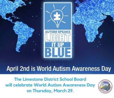 LimestoneDSB's tweet photo. Wear blue today for #WorldAutismAwarenessDay to promote understanding &amp; awareness #LIUB Several schools taking part #wellness #inclusion https://t.co/LJsnkmgSq8