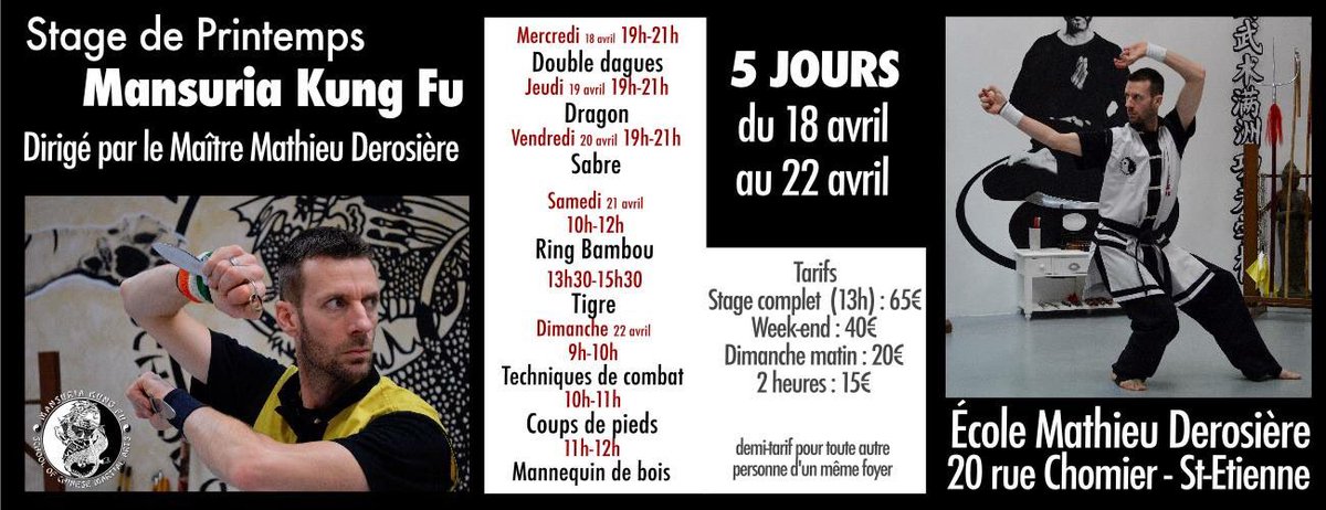 ManchuriaKungFu's tweet photo. Du 18 au 22 avril : 5 jours de #mansuria #kungfu à l’école #MathieuDerosiere de #saintetienne #sainte #wushu #martialarts #doubledagues #dragon #sabre #ringBambou #Tigre #Fight #kicks #dummy https://t.co/11RvlMNnJQ