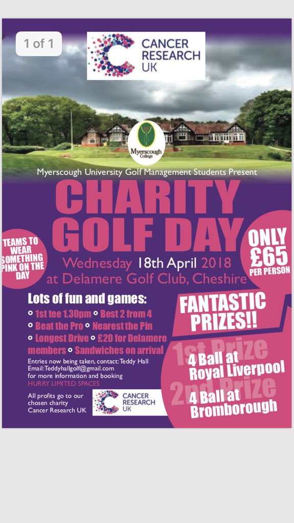 TeddyHall1's tweet photo. In aid of cancer research there is a Golf day being ran at Delemere Forest GC on Wednesday 18th April. Would be great if anyone could help support this great charity. Teams of 4, £65 per person. Great prizes available. Contact available at teddyhallgolf@gmail.com. https://t.co/623ECZwInT