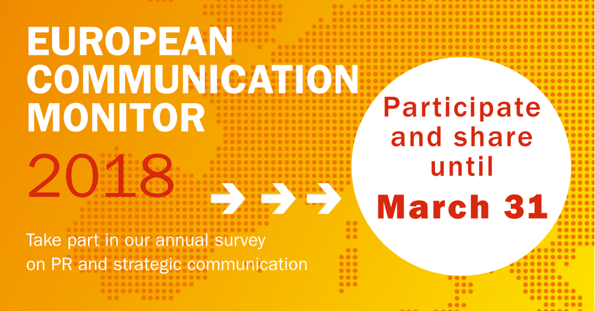 Alla som är yrkesverksamma inom kommunikationsbranschen är inbjudna  att medverka i den årliga europeiska undersökningen European  Communication Monitor (#ecm18). Undersökningen är tillgänglig via communicationmonitor.eu