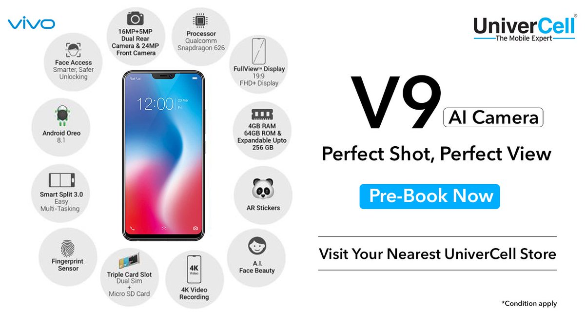 Vivo V9 available for Pre-booking now.
Visit your nearest UniverCell Store to know more.
#MadeForMore #PerfectShotPerfectView #vivov9 #UniverCell
*Condition apply