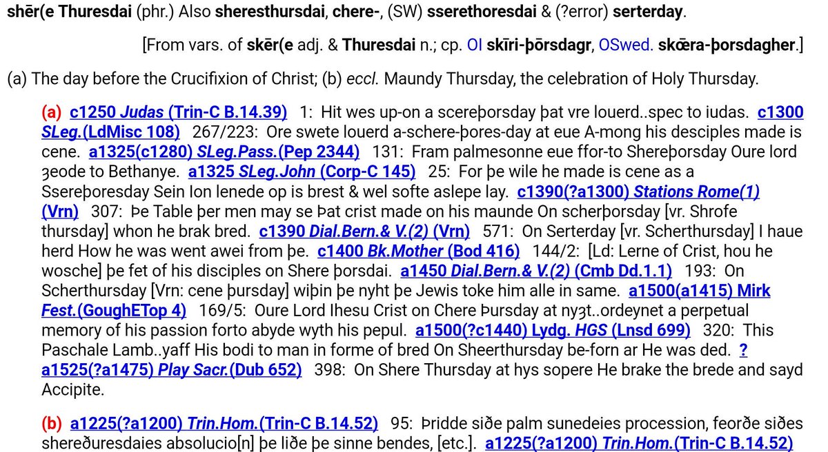 Maundy Thursday was also once known in English as 'Sheer Thursday', from Old Norse skærr, 'bright, clear, pure'. The name may derive from the association of the day with various kinds of ritual cleansing: confession, foot-washing, and stripping of altars  https://quod.lib.umich.edu/cgi/m/mec/med-idx?type=id&id=MED39895&egs=all&egdisplay=compact