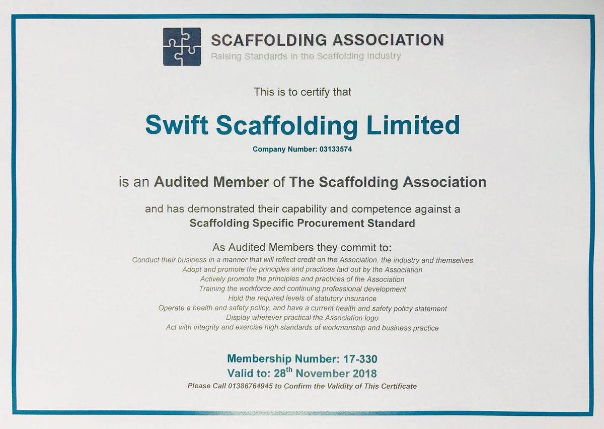 SwiftScaff's tweet image. Swift are proud to announce that we are now a fully audited member of The Scaffolding Association. #swift #Scaffolding @Scaffold_Assoc