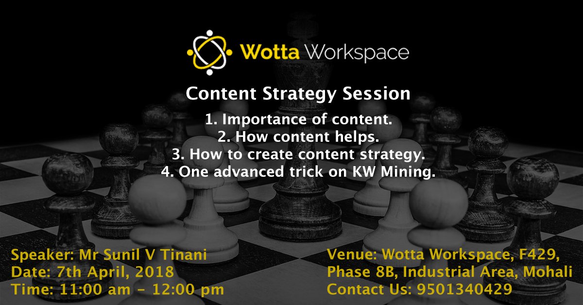 wottaworkspace's tweet image. Hi Everyone

The event on Content Strategy which was supposed to take place on 30th March, 2018 ( Friday)  has been postponed to 7th April, 2018, from 11:00 am - 12:00 pm (Saturday). The reason being, many requested us to conduct the event on Saturday instead of Friday,