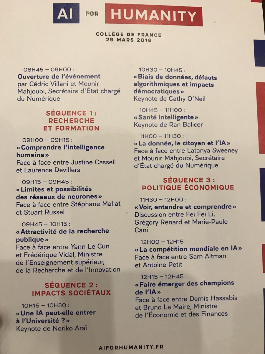 .<a href="/VillaniCedric/">Cédric Villani</a> launchs his report about #ArtificialIntelligence with <a href="/mounir/">Mounir Mahjoubi</a> during #AIforHumanity, an incredible conference with all the best experts about AI in the world !!