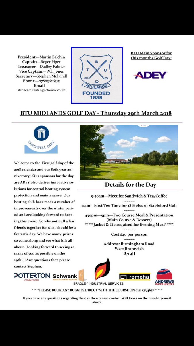 Potterton Commercial (@pottertoncomm) on Twitter photo Today we're enjoying a spot of golf, and celebrating the first tournament of <a href="/BTUMidlandsGolf/">BTU Midlands Golf🏌⛳</a> 80th anniversary year. Details on the poster below. Today we're enjoying a spot of golf, and celebrating the first tournament of <a href="/BTUMidlandsGolf/">BTU Midlands Golf🏌⛳</a> 80th anniversary year. Details on the poster below.