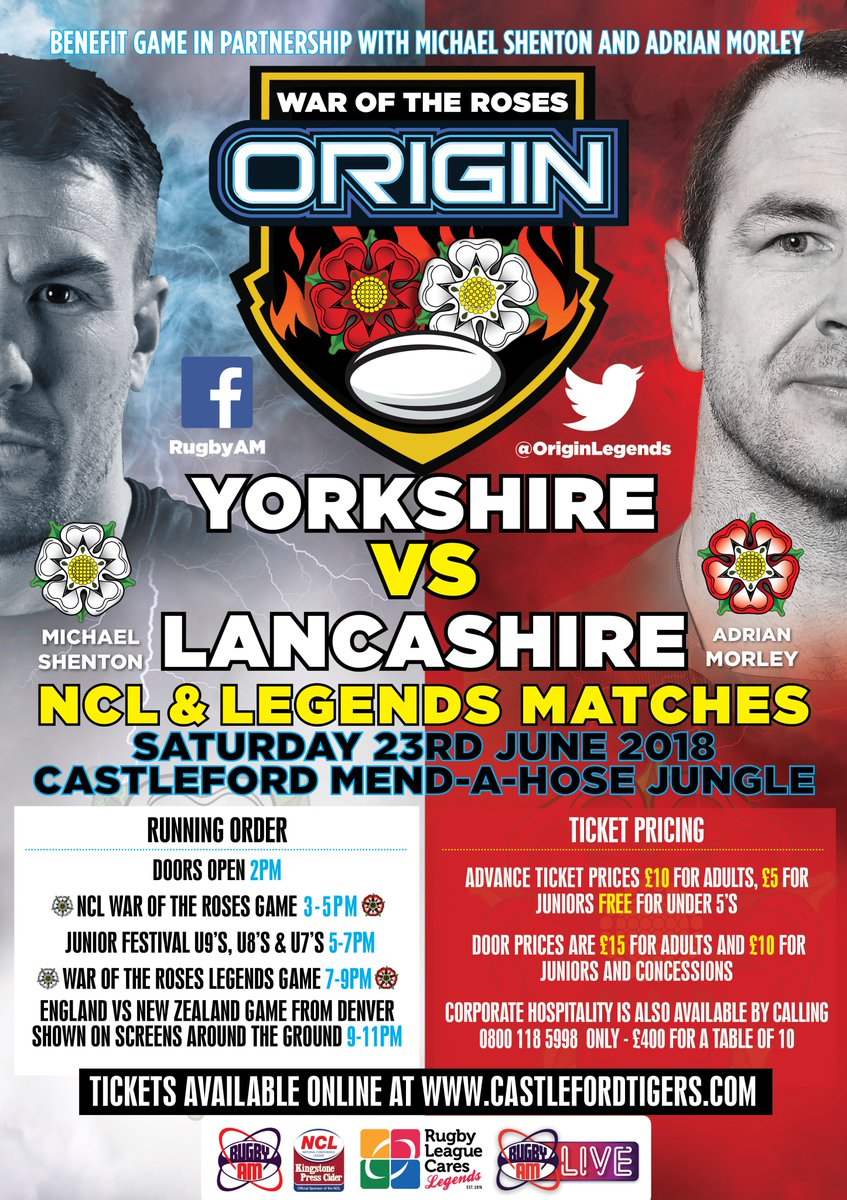 LoveThePadel's tweet photo. War of the Roses Legends &amp; NCL tickets on sale!

@OriginLegends War of the Roses is back as Yorkshire and Lancashire renew their rivalry in June at @CTRLFC in a benefit game to celebrate the careers of @mshenton22 and Adrian Morley.

INFO &amp; TICKETS ➡ https://t.co/DlmzKpxTdN https://t.co/BIXEv7kFNL