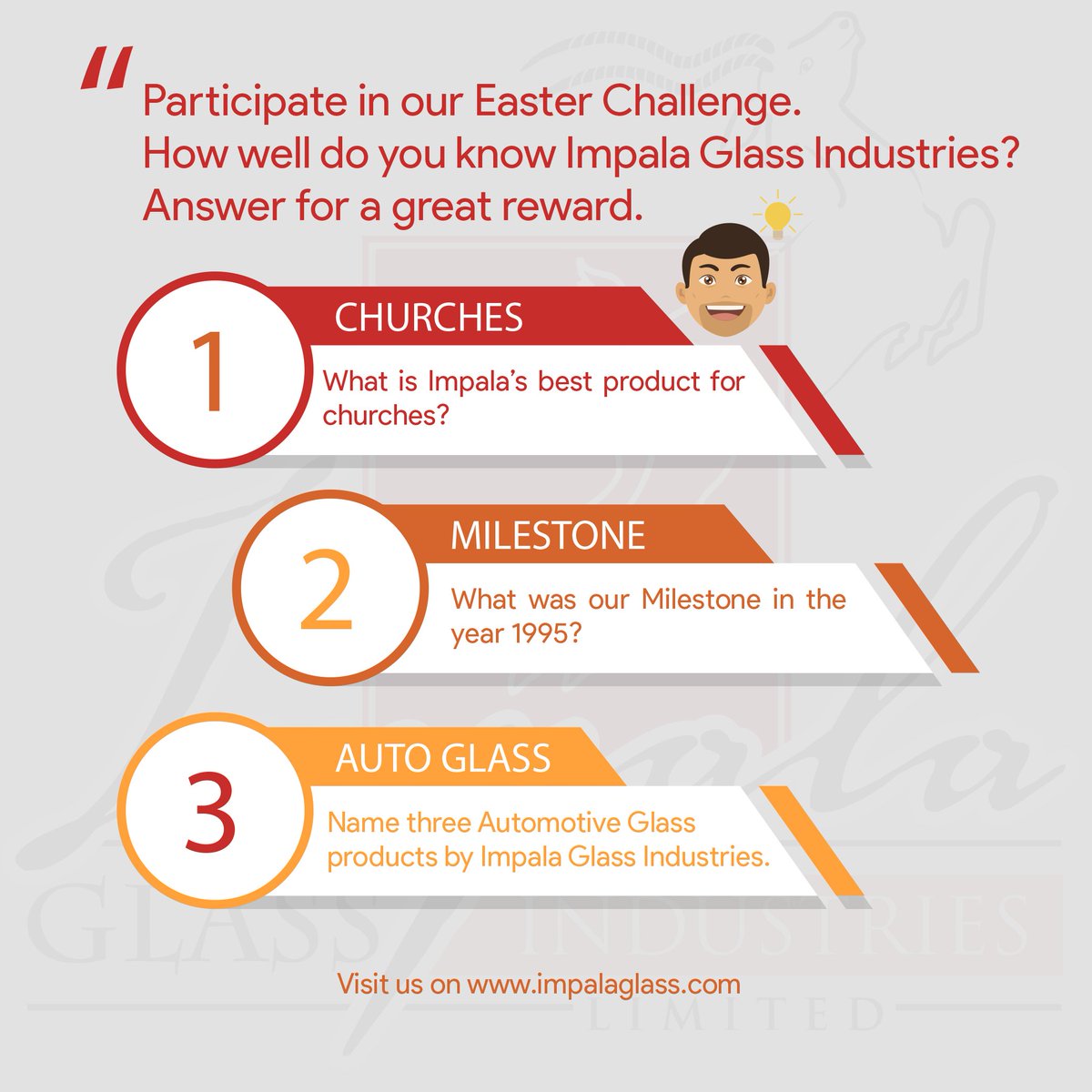 ImpalaGlass's tweet photo. Answer all the three questions correctly by replying to the post and stand a chance to win an Impala Digital Printed Glass. You may visit our website at https://t.co/GUS6F821mv for hints. #ImpalaGlass #ImpalaEstilo #HappyEaster #EasterChallenge https://t.co/QdUZcGxHsH