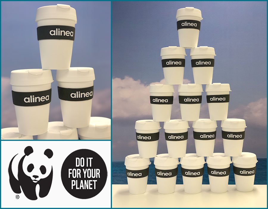 Photo of stacked reusable, branded coffee cups with an WWF's panda logo in the bottom left