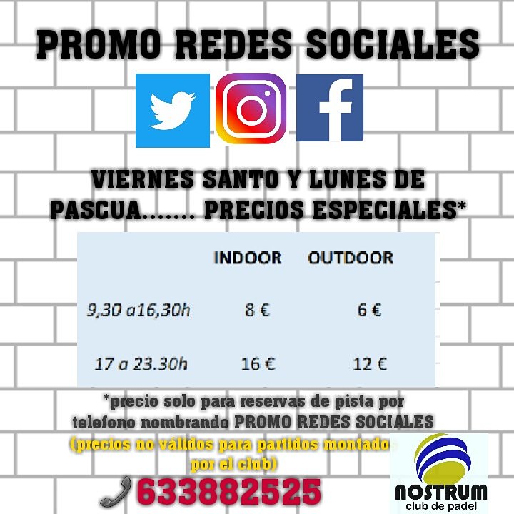 🔵PRECIOS ESPECIALES🔵
Viernes Santo y Lunes de Pascua no dejes de jugar, y si encima es con estos precios mejor que mejor!!!💃💃
¡No esperes más y llámanos!
📞633882525 
Oferta para reservas de pista.
Oferta no válida para partidos organizados por el club.