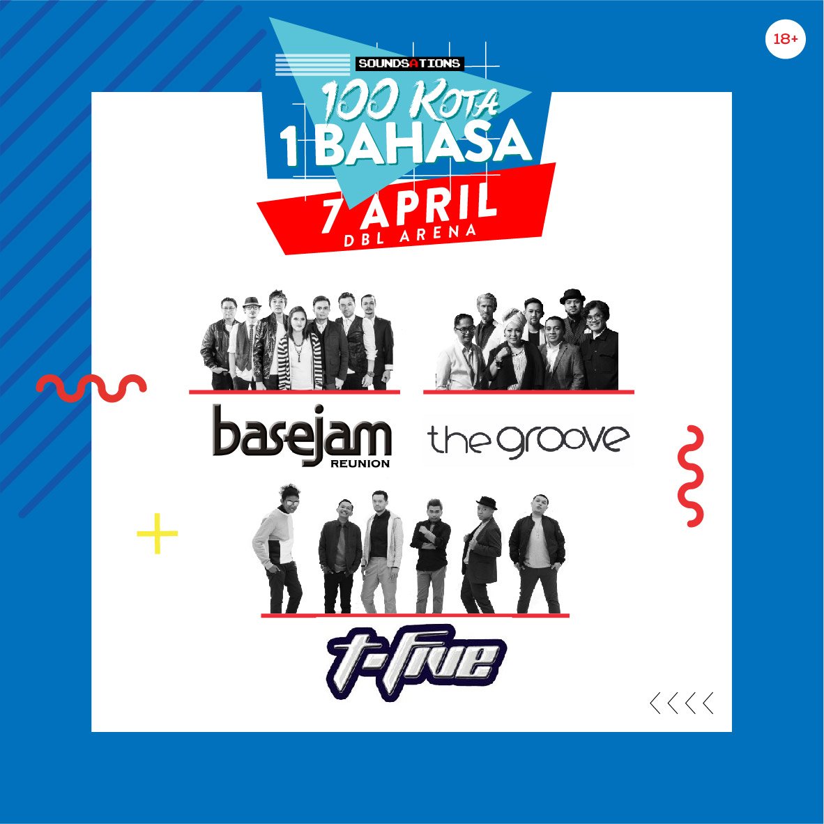 Kalian bakal non stop ngerasain ambient musik 90an di #100Kota1Bahasa.

Setelah #Malang &amp; #Sidoarjo nanti, 7 April 2018 gilirannya #Surabaya nampilin ikon musisi 90an di satu panggung.

Ada <a href="/Base_Jam/">Base Jam</a>, <a href="/thegrooveindo/">THE GROOVE</a> &amp; <a href="/tfivemusic/">T-Five</a>.

Mark ur calendar! More info, follow <a href="/Kita90an/">Kita90an</a>