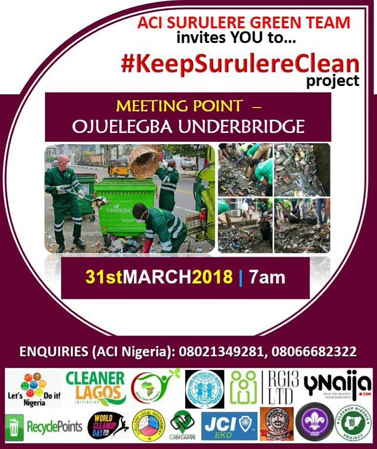 Gbewa1's tweet photo. @acinigeria is set to #KeepSurulereClean on Saturday 31st March, 2018 by 7am
Join us for a Cleaner Environment.
@TrafficChiefNG @Gidi_Traffic @iamalexgreat @UNEnvironment @UNVolunteers https://t.co/zjYiHxMlWz