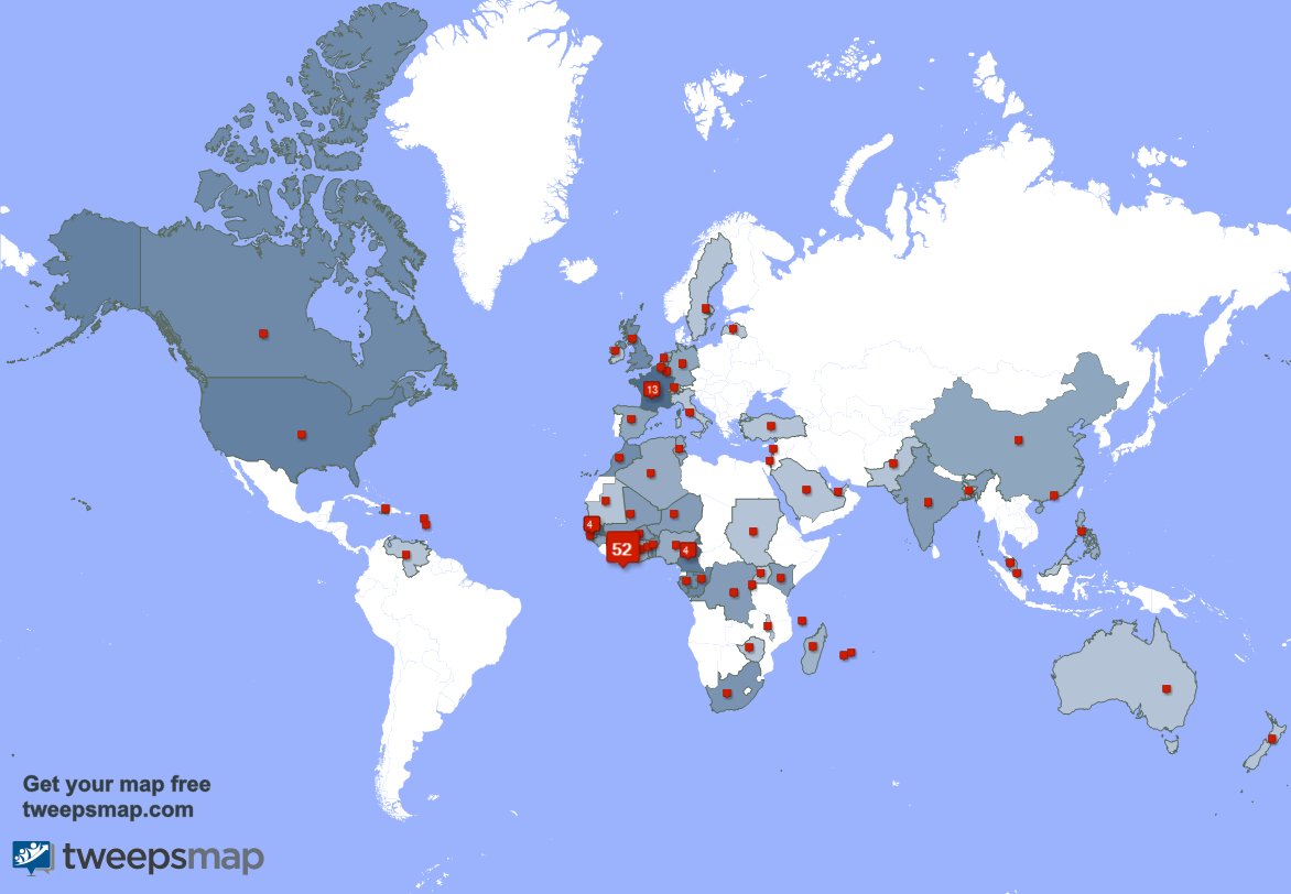 J'ai 4 nouveaux abonnés, de Côte-d'Ivoire, et plus la semaine dernière. Voir tweepsmap.com/!ReseauTelecom