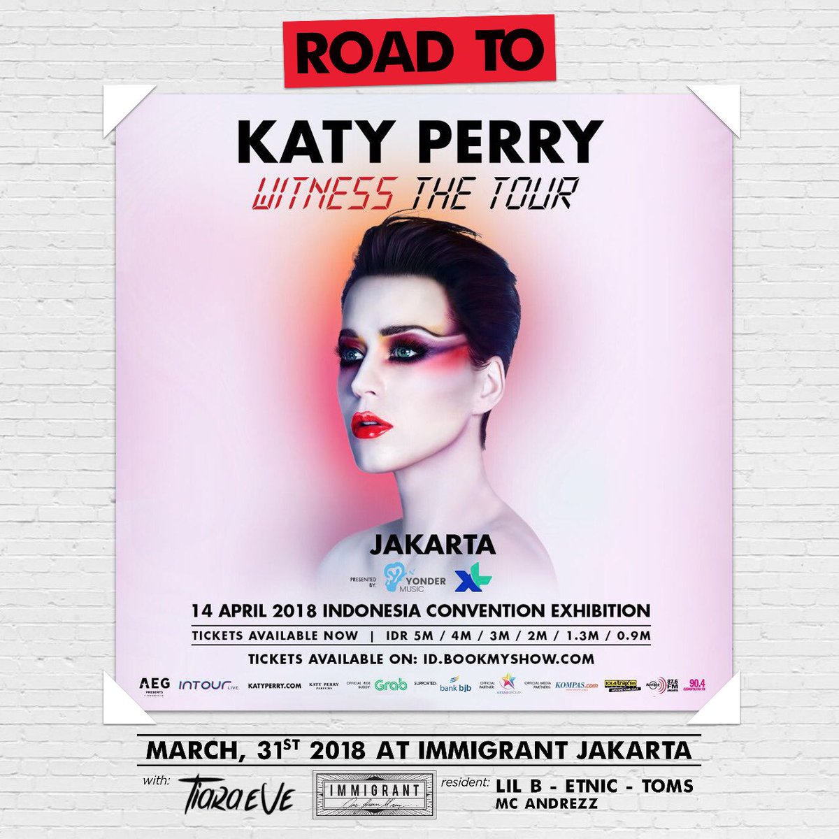 ROAD TO : KATY PERRY : WITNESS THE TOUR 2018 JAKARTA

Come and party with us on 31 March 2018 starts from 10PM at Immigrant Jakarta featuring Tiara Eve, Lil B, Etnic, Toms and MC Andrezz

We will also have offline ticket sales! GET your KATY PERRY tickets HERE!!

#KatyPerryinJKT