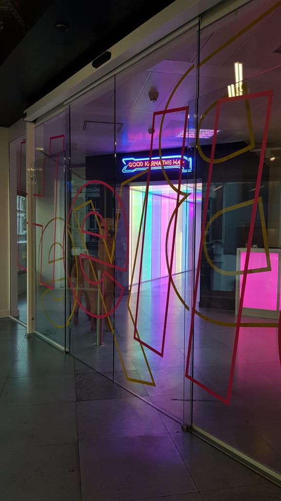 KarmaKadets's tweet photo. Another sunny morning here in Farringdon today 😊 even when it's rainy, the Karmarama rainbow tunnel brightens up the entrance to the office 🌞🌈 https://t.co/D8poWbCX7o